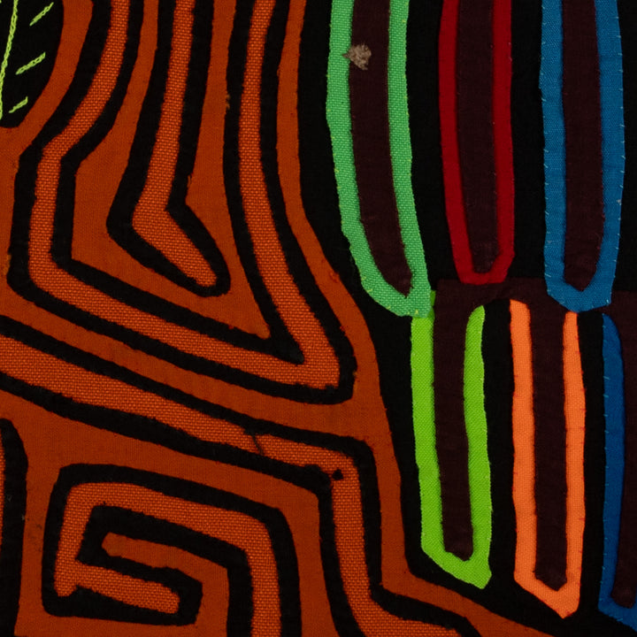 Traditional Orange And Black Bird Talk Mola