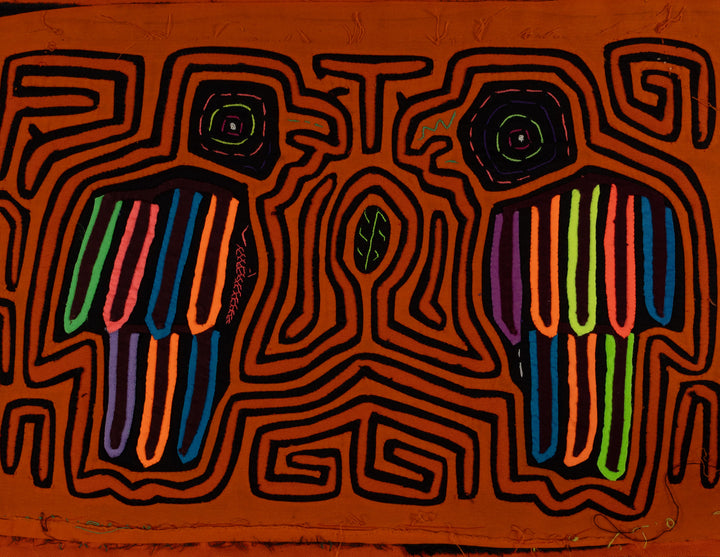 Traditional Orange And Black Avian Talk Mola