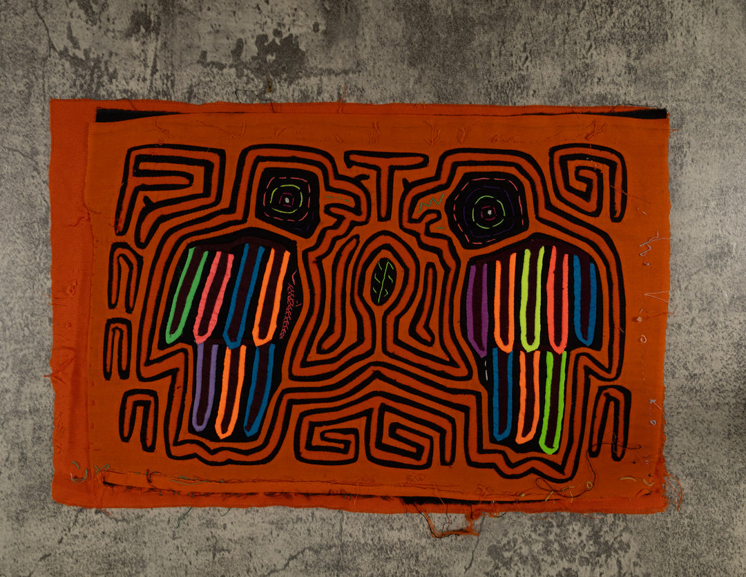 Traditional Orange And Black Avian Talk Mola