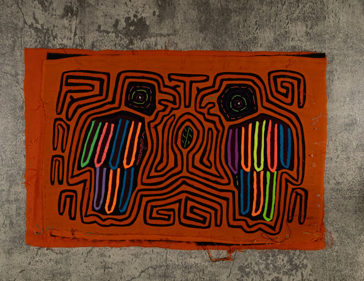 Traditional Orange And Black Avian Talk Mola