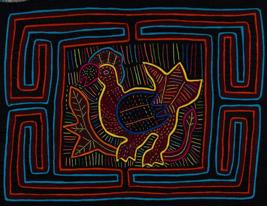 Traditional Black Orange And Blue Rooster Mola