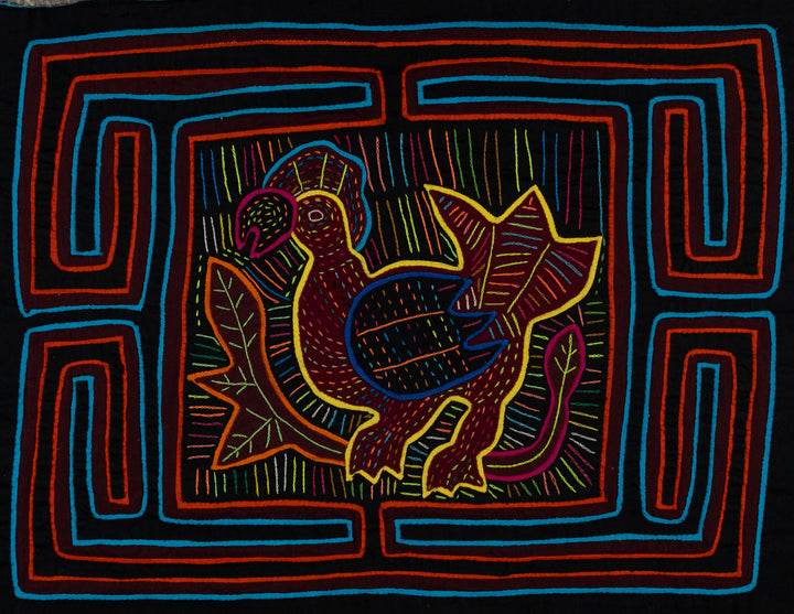 Traditional Black Orange And Blue Rooster Mola
