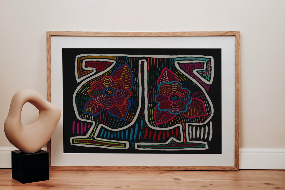 Traditional Black White And Red Floral Flower Mola