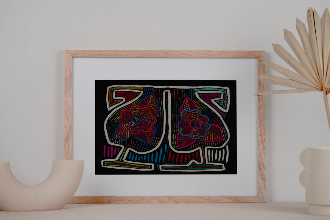 Traditional Black White And Red Floral Flower Mola