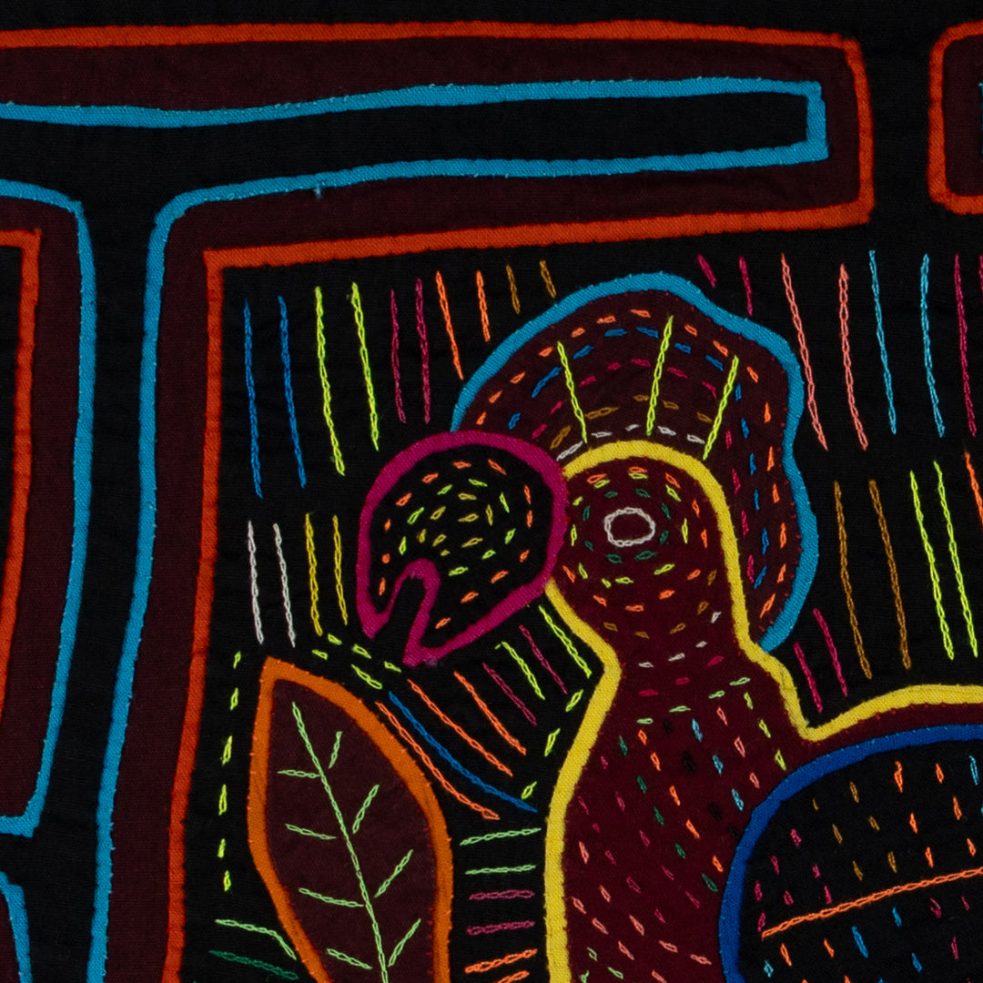 Traditional Black Orange And Blue Rooster Mola