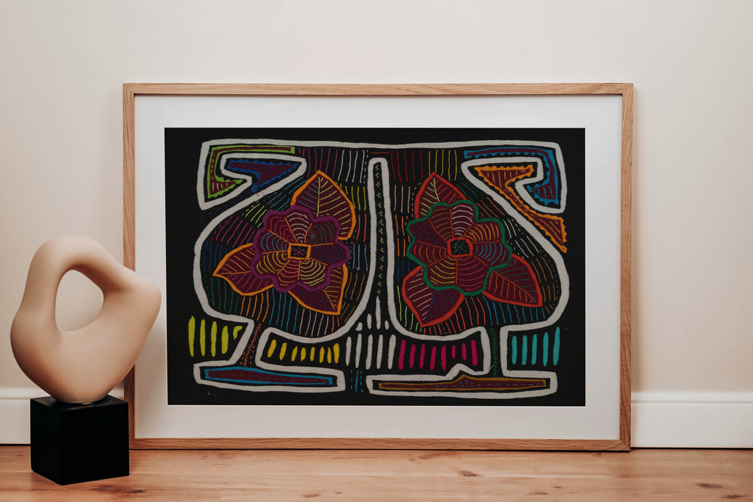 Traditional Black White And Orange Floral Flower Mola