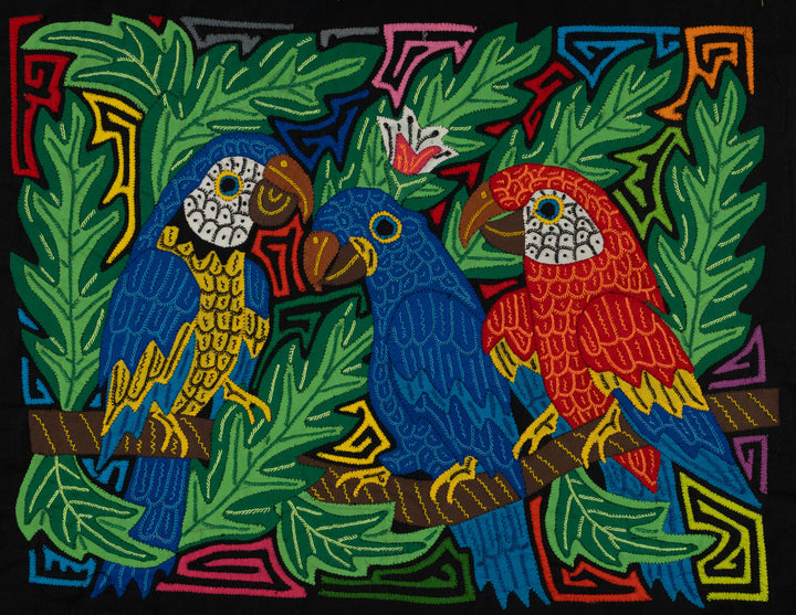 Fantasy Blue Green And Red Three Parrot Mola