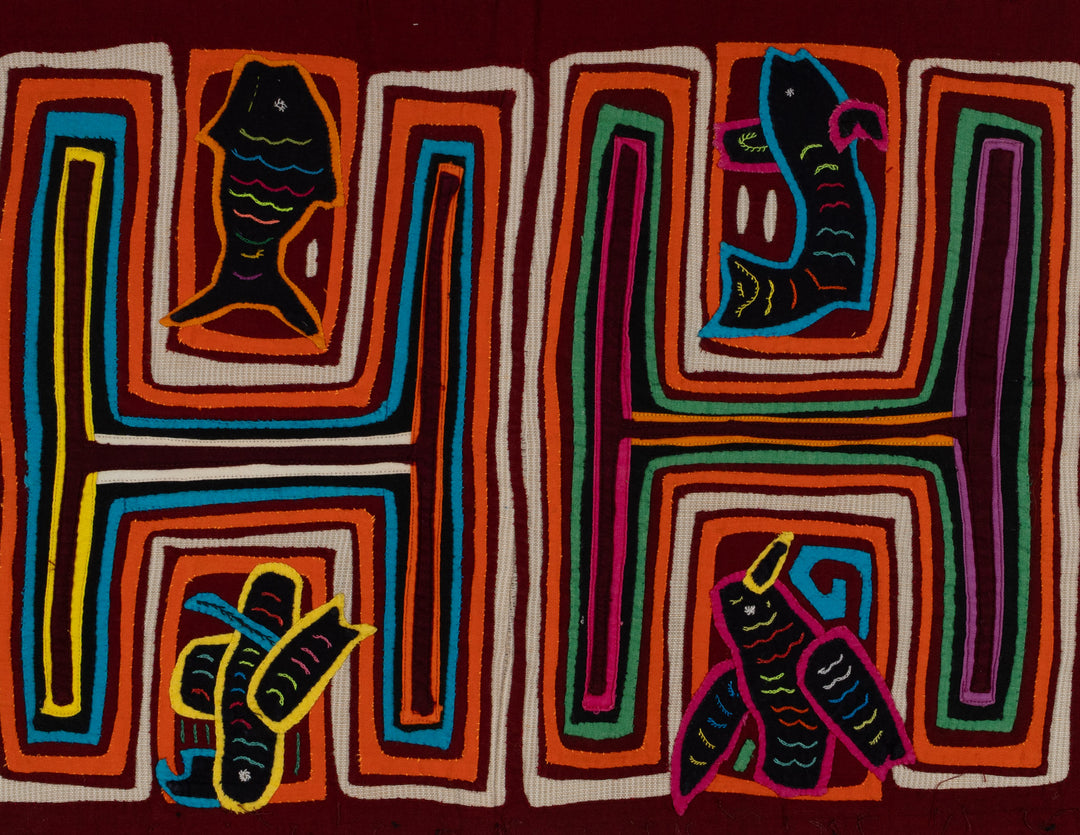 Traditional Orange White And Blue Fish And Bird Mola