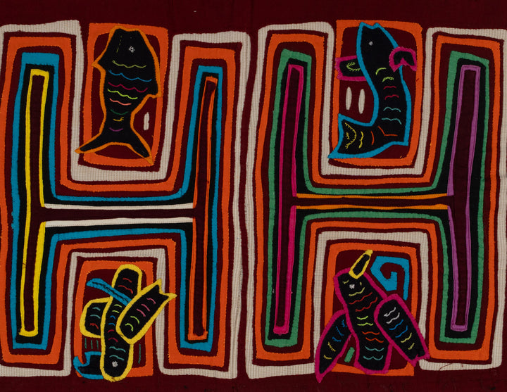 Traditional Orange White And Blue Fish And Bird Mola