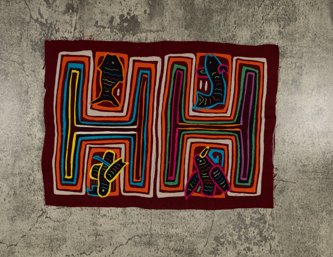 Traditional Orange White And Blue Fish And Bird Mola