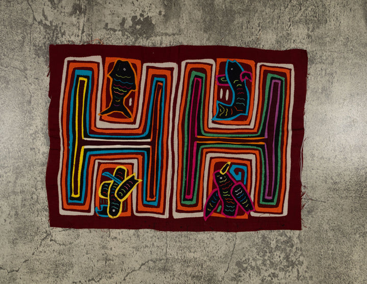 Traditional Orange White And Blue Fish And Bird Mola