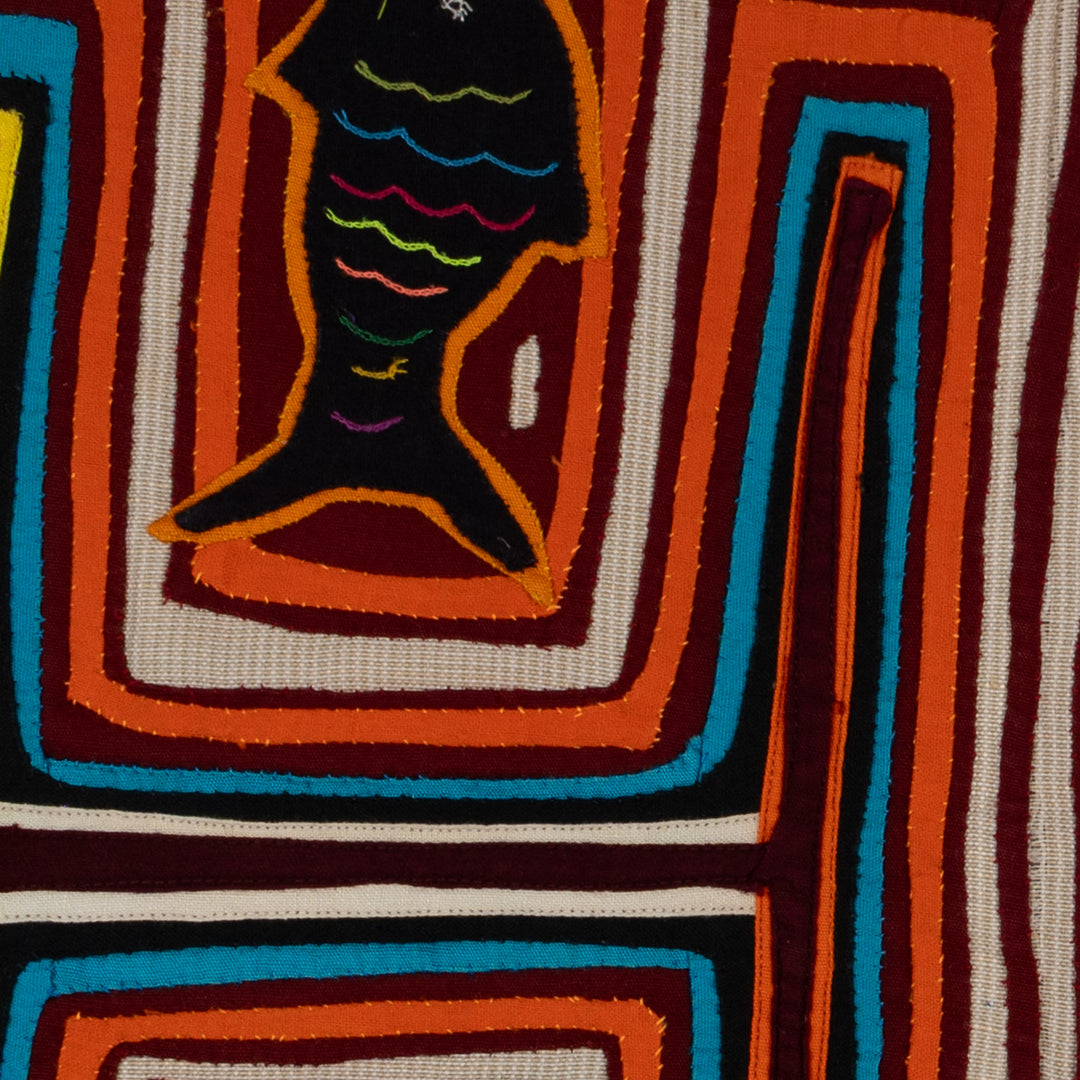 Traditional Orange White And Blue Fish And Bird Mola