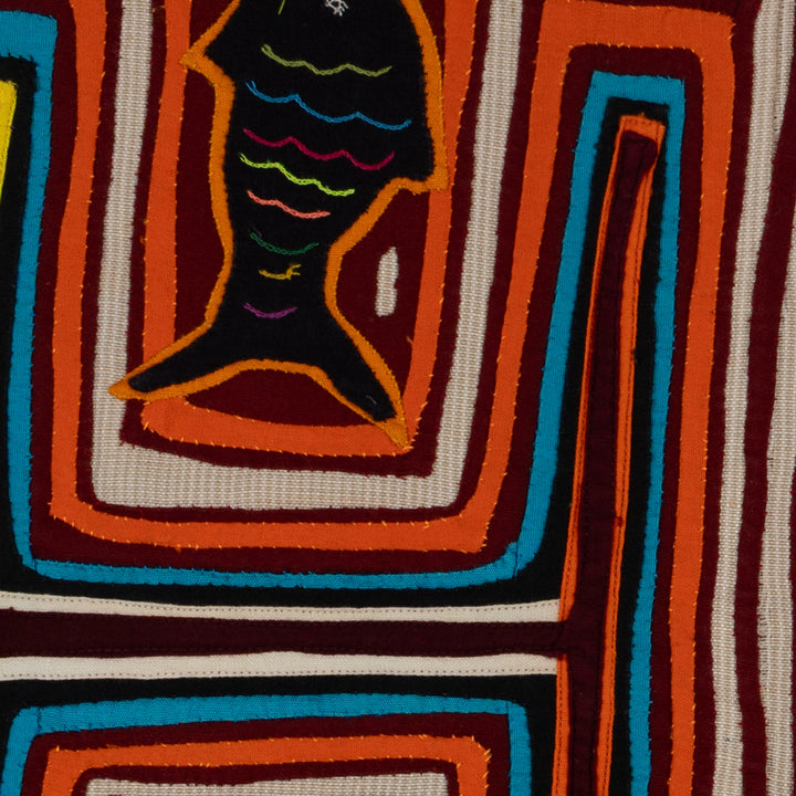 Traditional Orange White And Blue Fish And Bird Mola