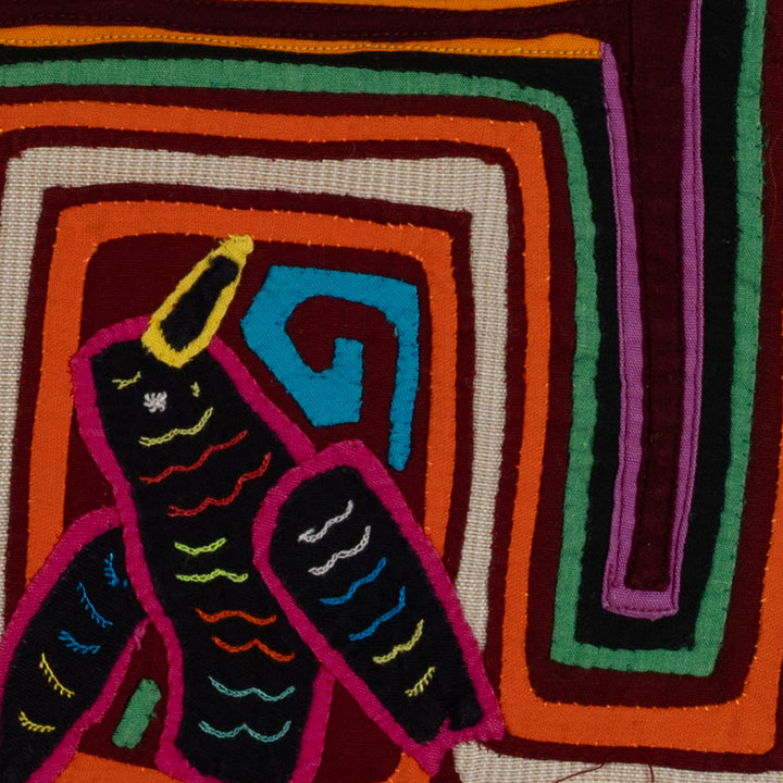 Traditional Orange White And Blue Fish And Bird Mola