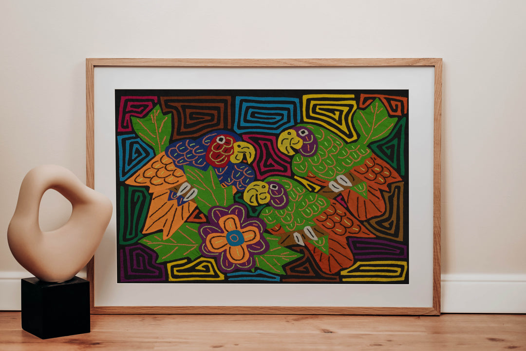 Three Colorful Parrots with Flowers Mola