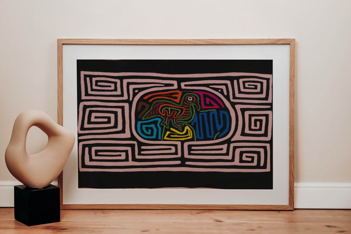 Traditional Black And Pink Bird In Maze Mola