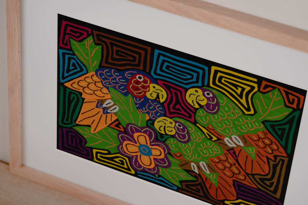 Three Colorful Parrots with Flowers Mola