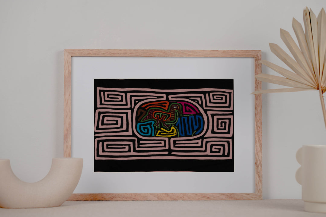 Traditional Black And Pink Bird In Maze Mola
