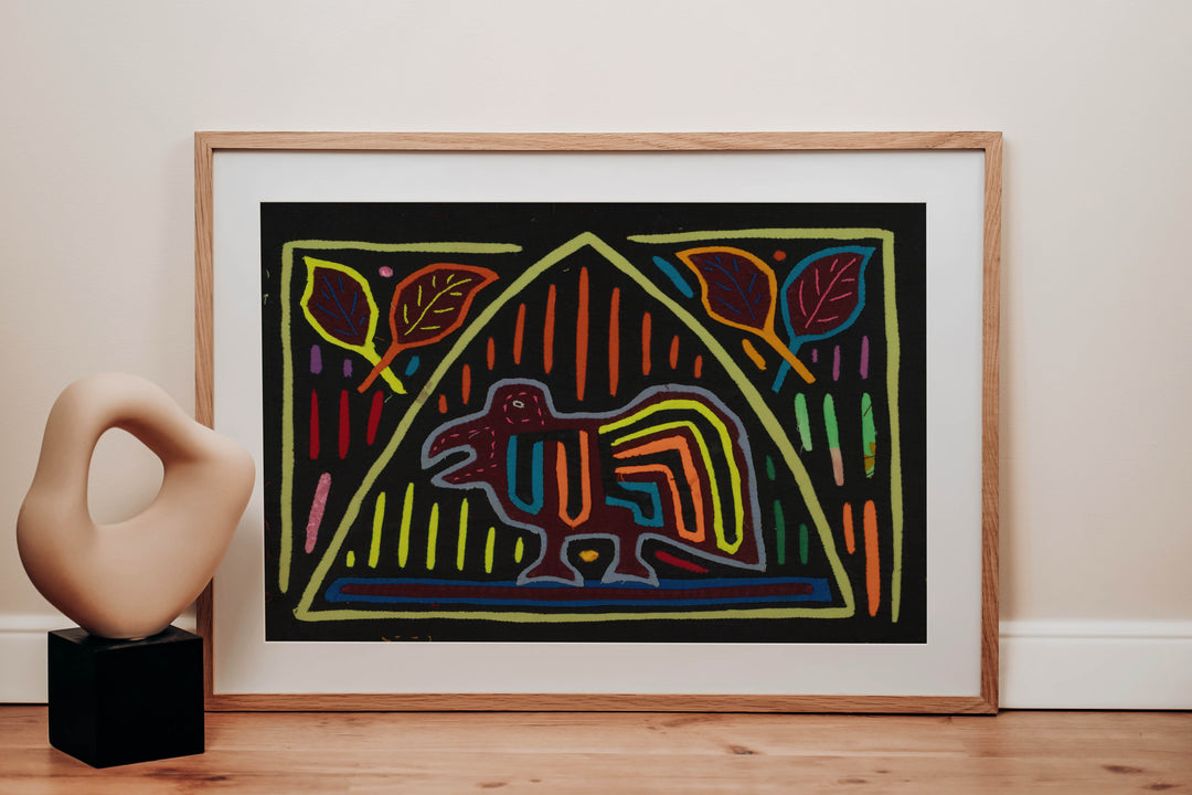 Traditional Black And Multi-color Bird Mola