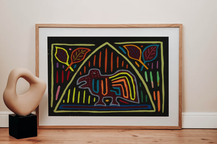 Traditional Black And Multi-color Bird Mola