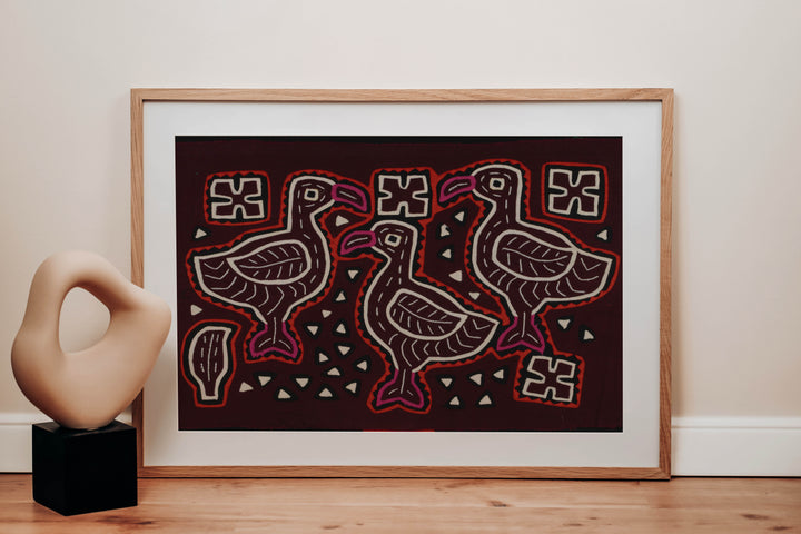 Traditional Three Duck Red White And Maroon Mola