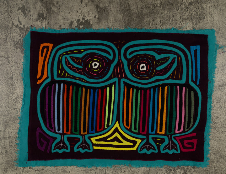 Maroon And Turquoise Rubber Neck Geese Mola