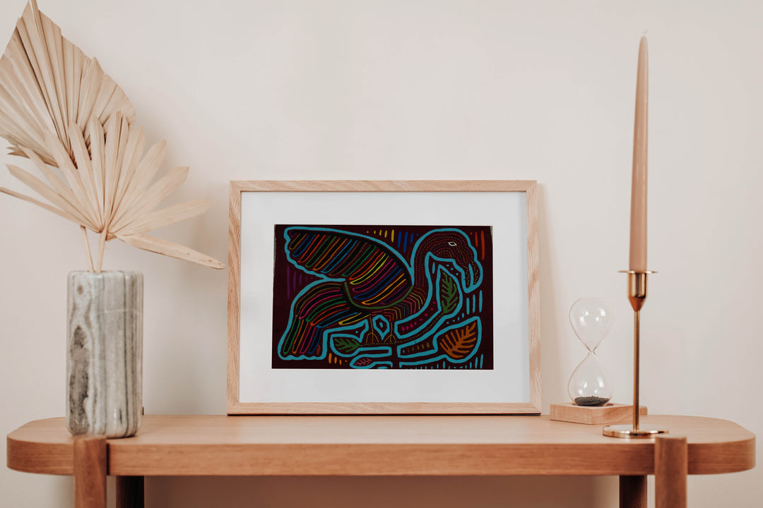 Traditional Maroon And Turquoise Swan Bird In Flight Mola