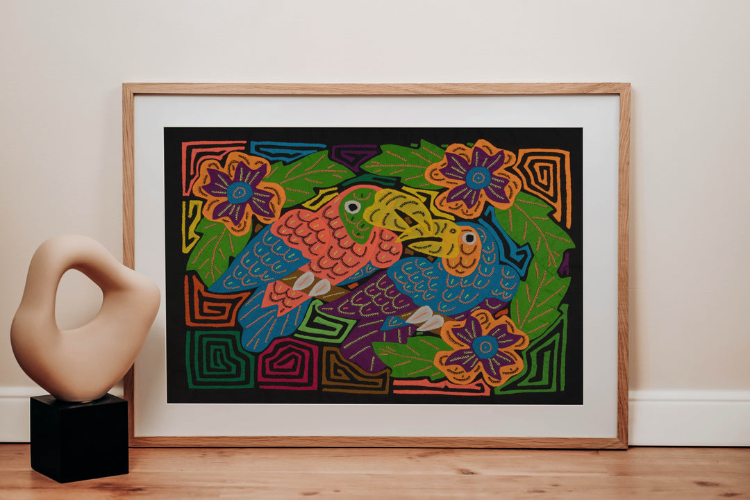 Orange And Blue Vibrant Parrot Pair and Flowers Mola