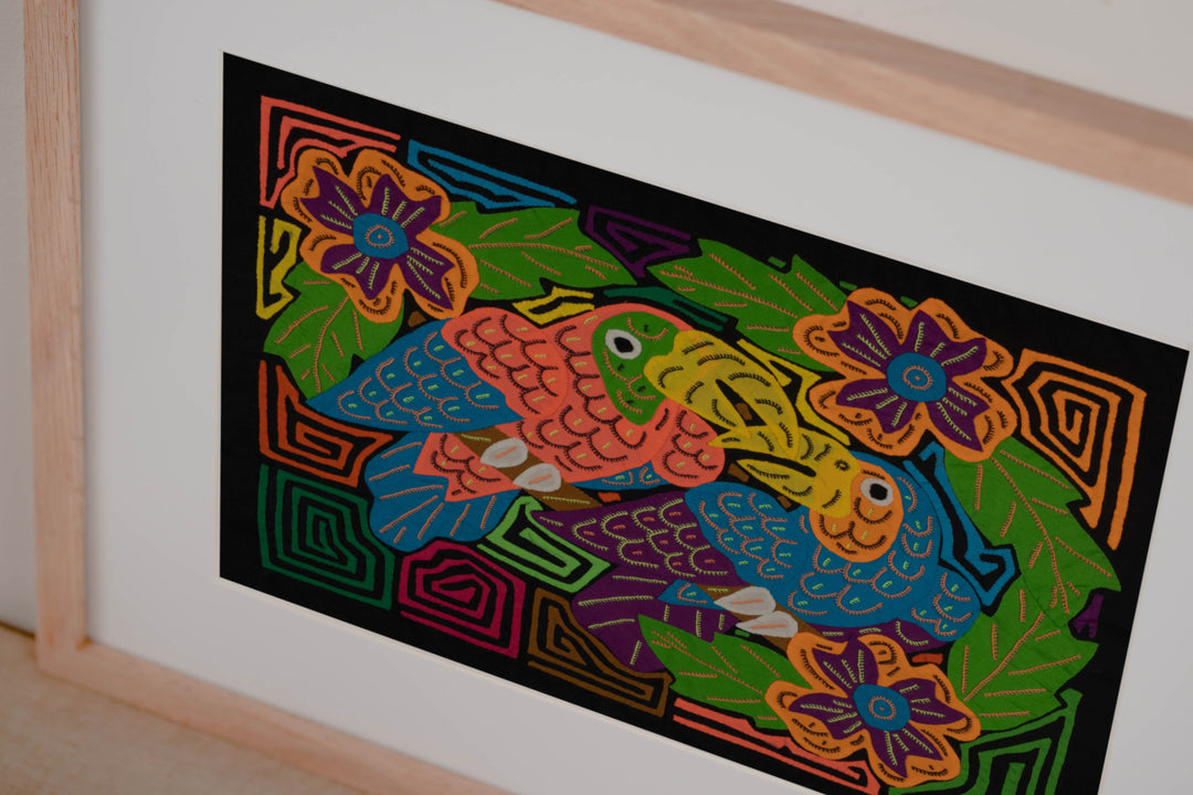 Orange And Blue Vibrant Parrot Pair and Flowers Mola