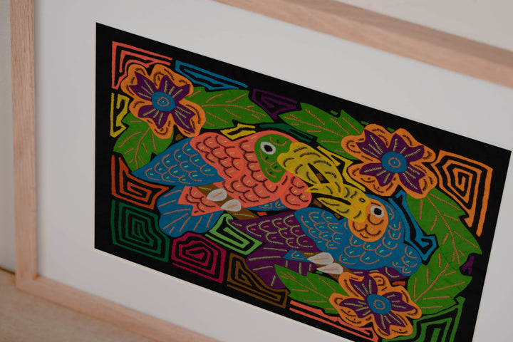 Orange And Blue Vibrant Parrot Pair and Flowers Mola