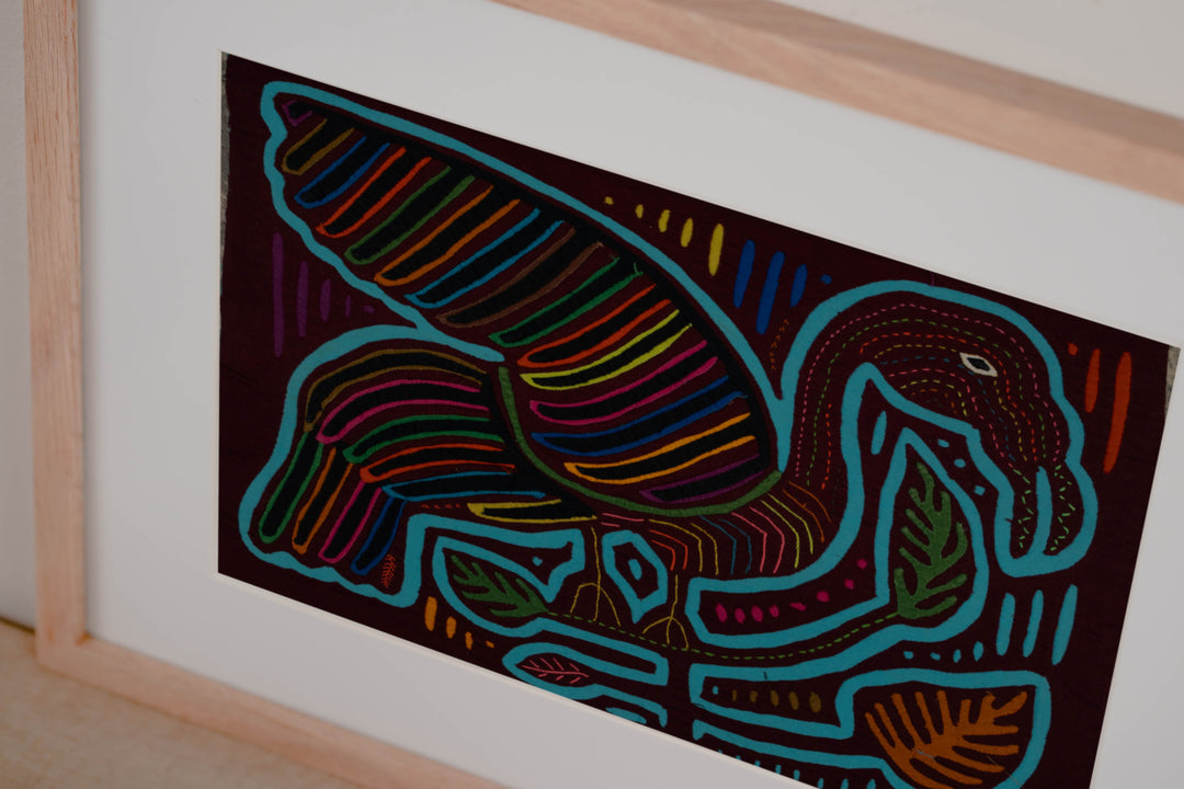 Traditional Maroon And Turquoise Swan Bird In Flight Mola