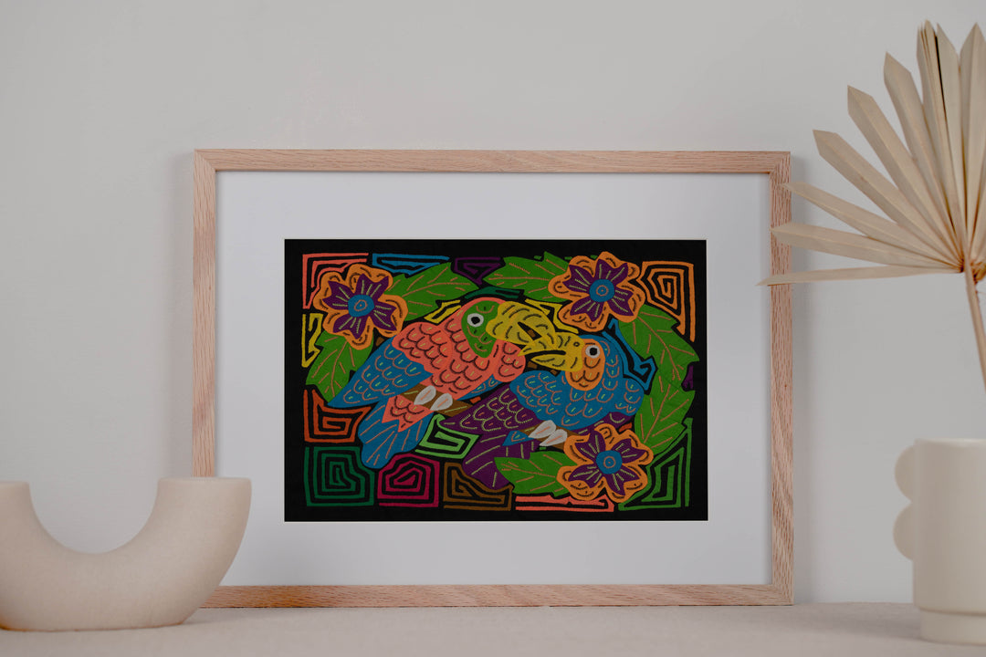 Orange And Blue Vibrant Parrot Pair and Flowers Mola