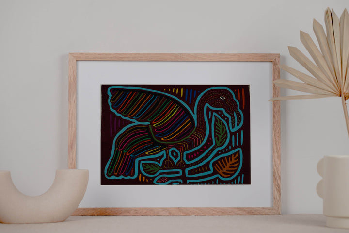 Traditional Maroon And Turquoise Swan Bird In Flight Mola