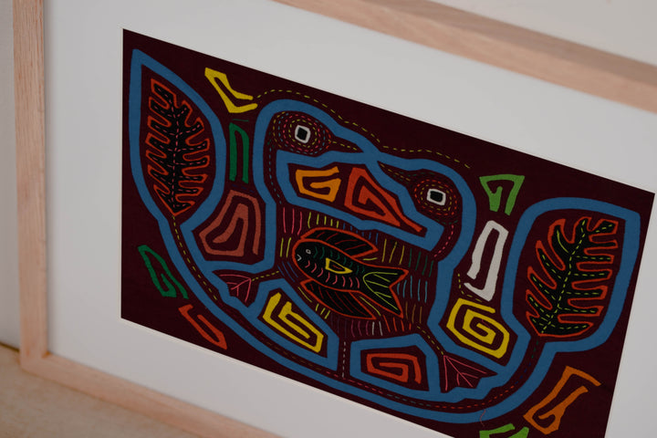 Traditional Burgundy And Turquoise Duck And Fish Mola