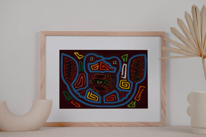 Traditional Burgundy And Turquoise Duck And Fish Mola