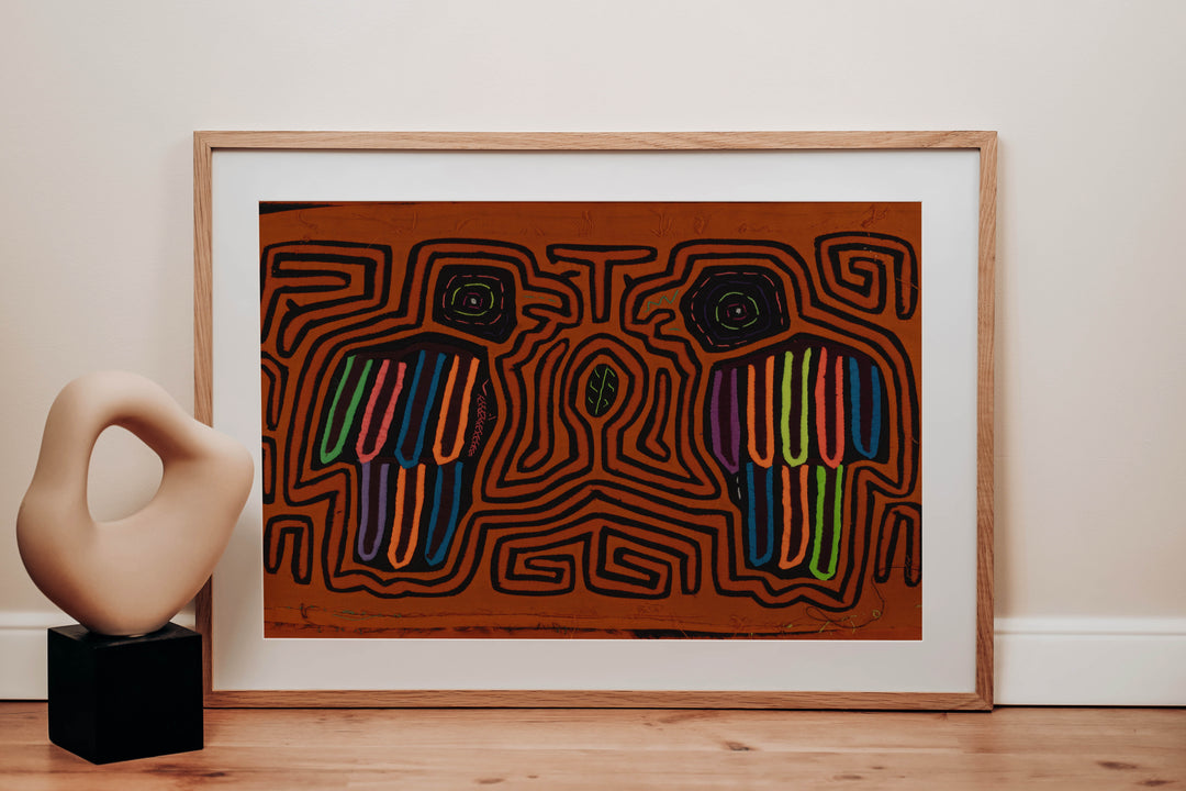 Traditional Orange And Black Avian Talk Mola