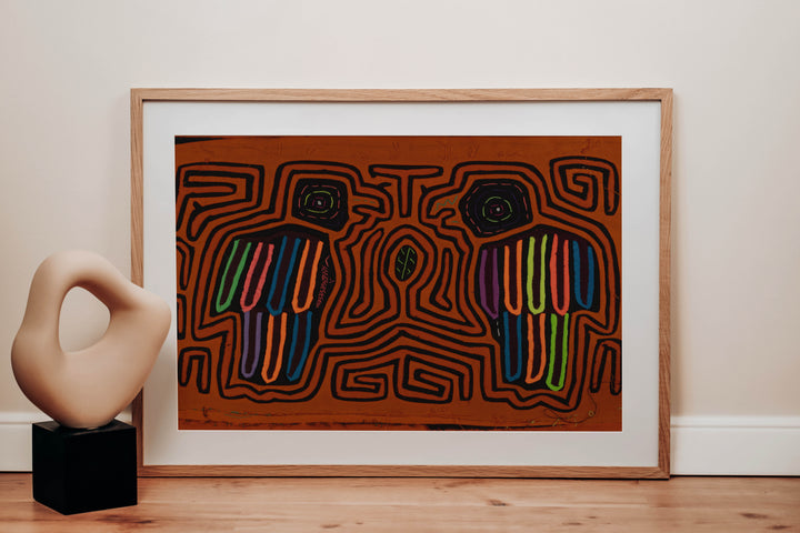 Traditional Orange And Black Avian Talk Mola