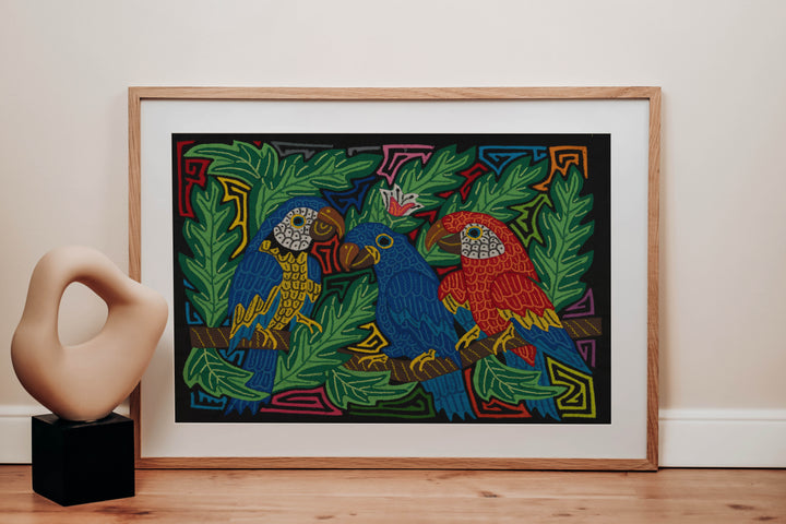 Fantasy Blue Green And Red Three Parrot Mola