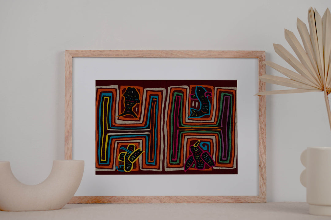 Traditional Orange White And Blue Fish And Bird Mola