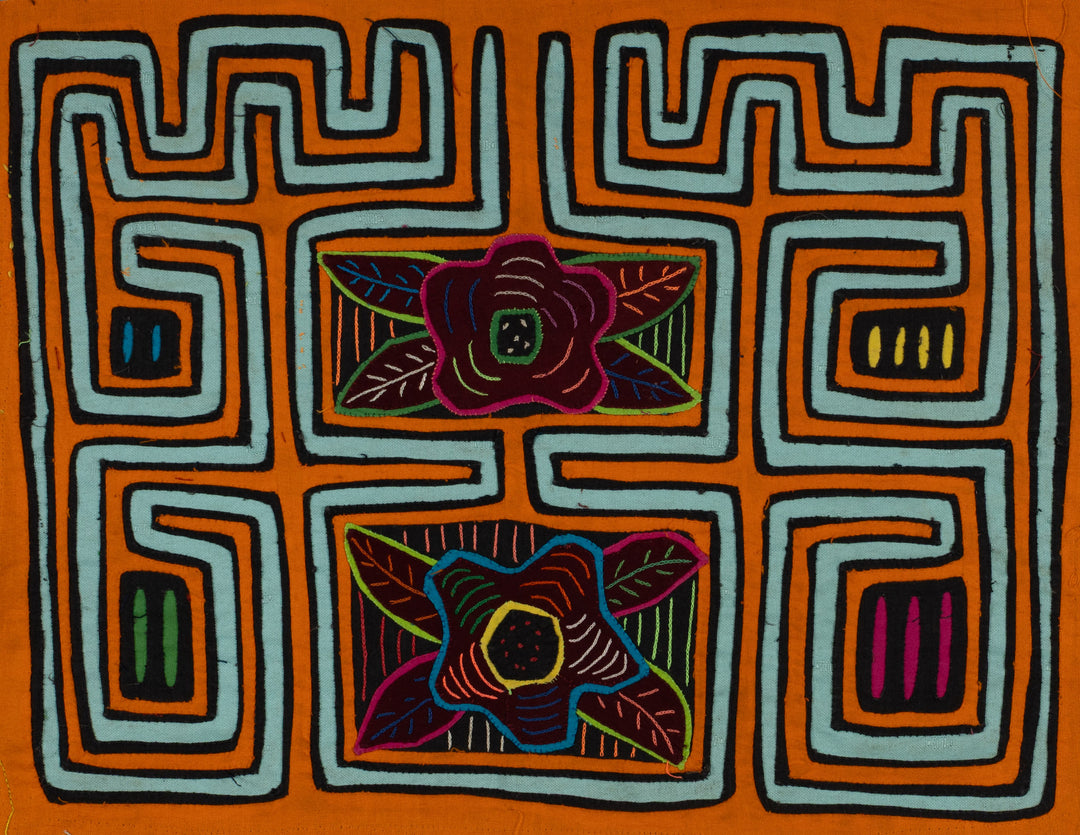 Traditional Orange And Aqua Foral Flower Mola