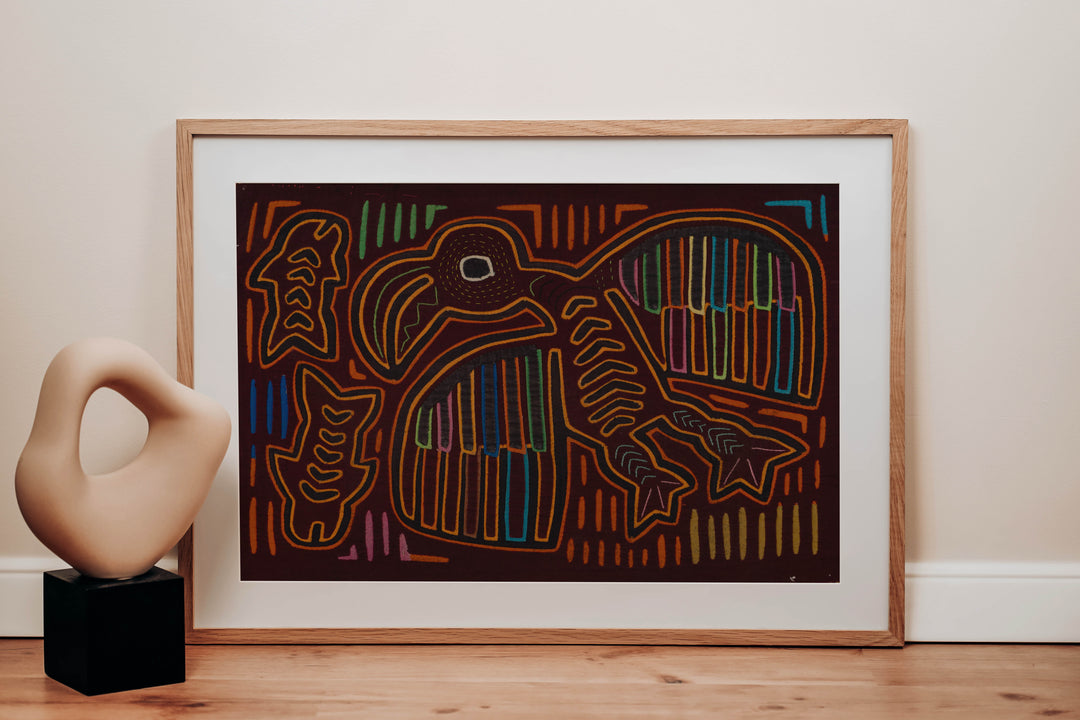 Traditional Burgundy And Orange Ocean Bird In Flight Mola