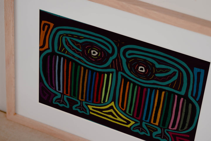 Maroon And Turquoise Rubber Neck Geese Mola