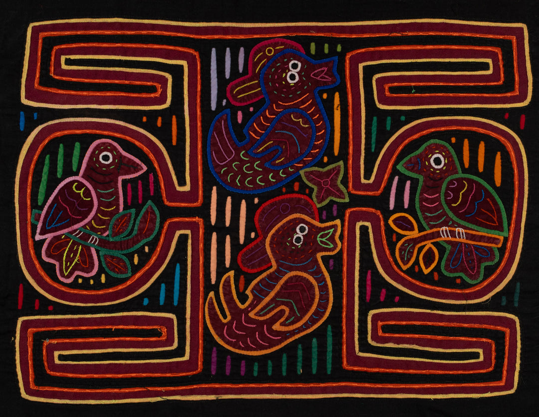 Traditional Red Orange And Black Bird Mola