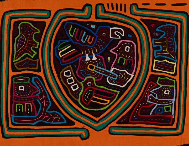 Traditional Orange And Green Bird Mola