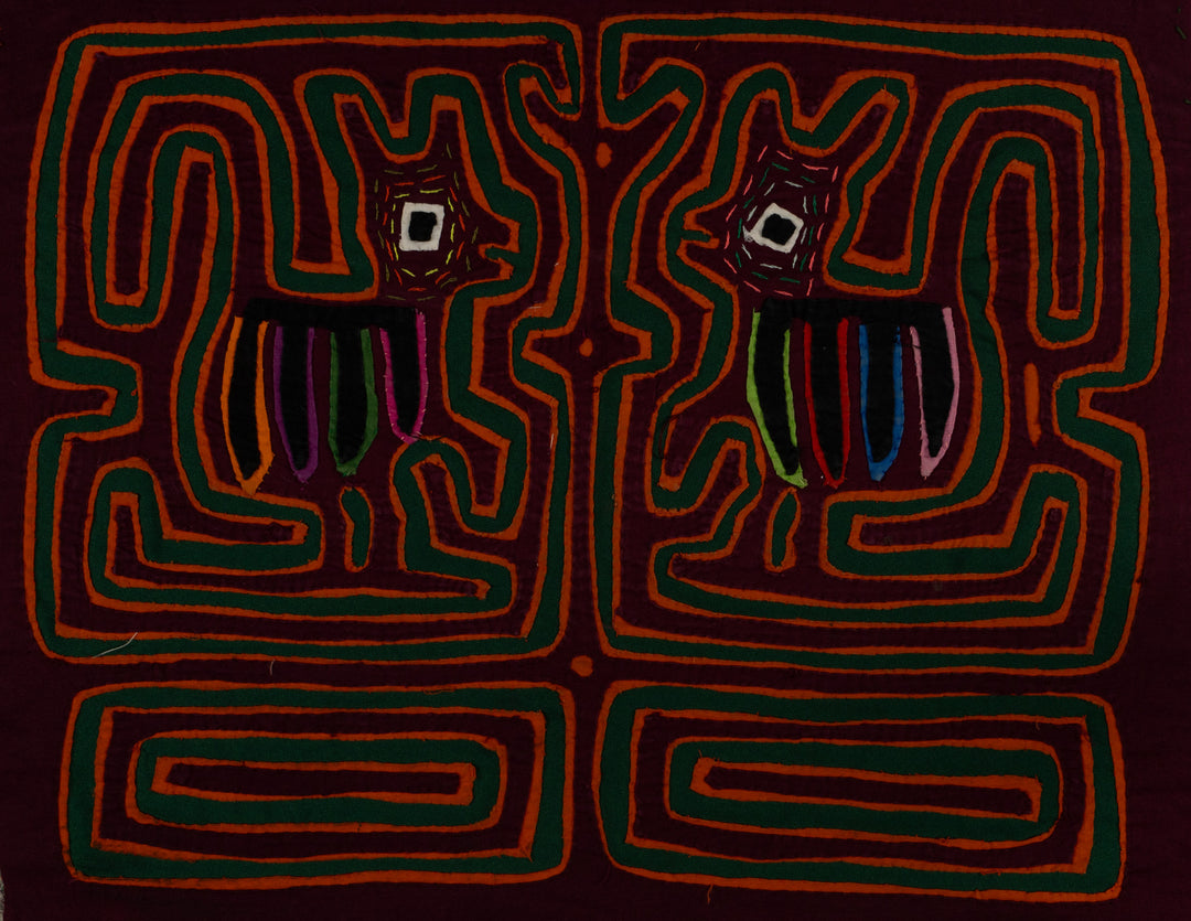 Traditional Maroon Orange And Green Puppy Dog Mola