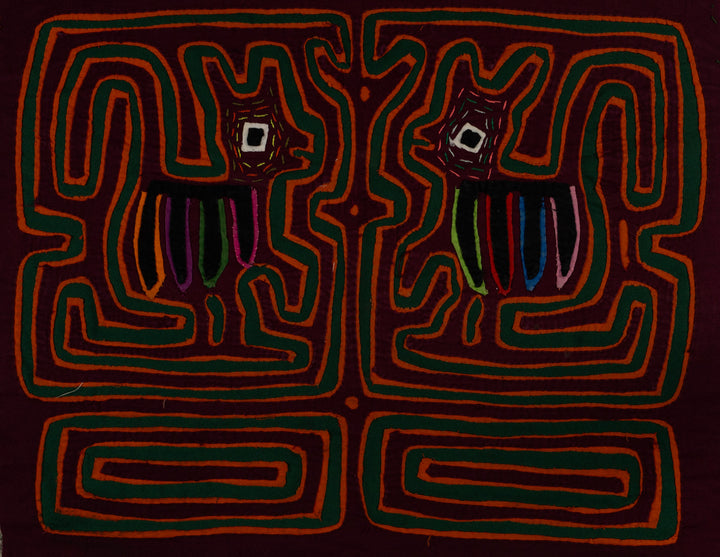 Traditional Maroon Orange And Green Puppy Dog Mola