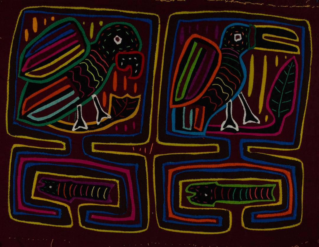 Traditional Burgundy Parrot Toucan And Snake Mola