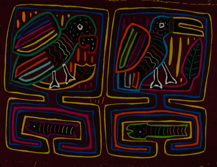 Traditional Burgundy Parrot Toucan And Snake Mola