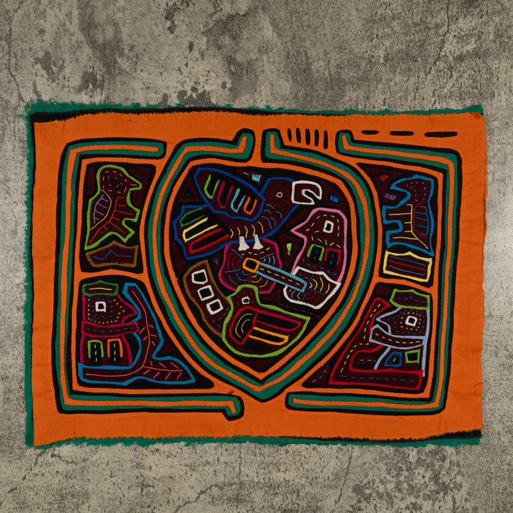 Traditional Orange And Green Bird Mola