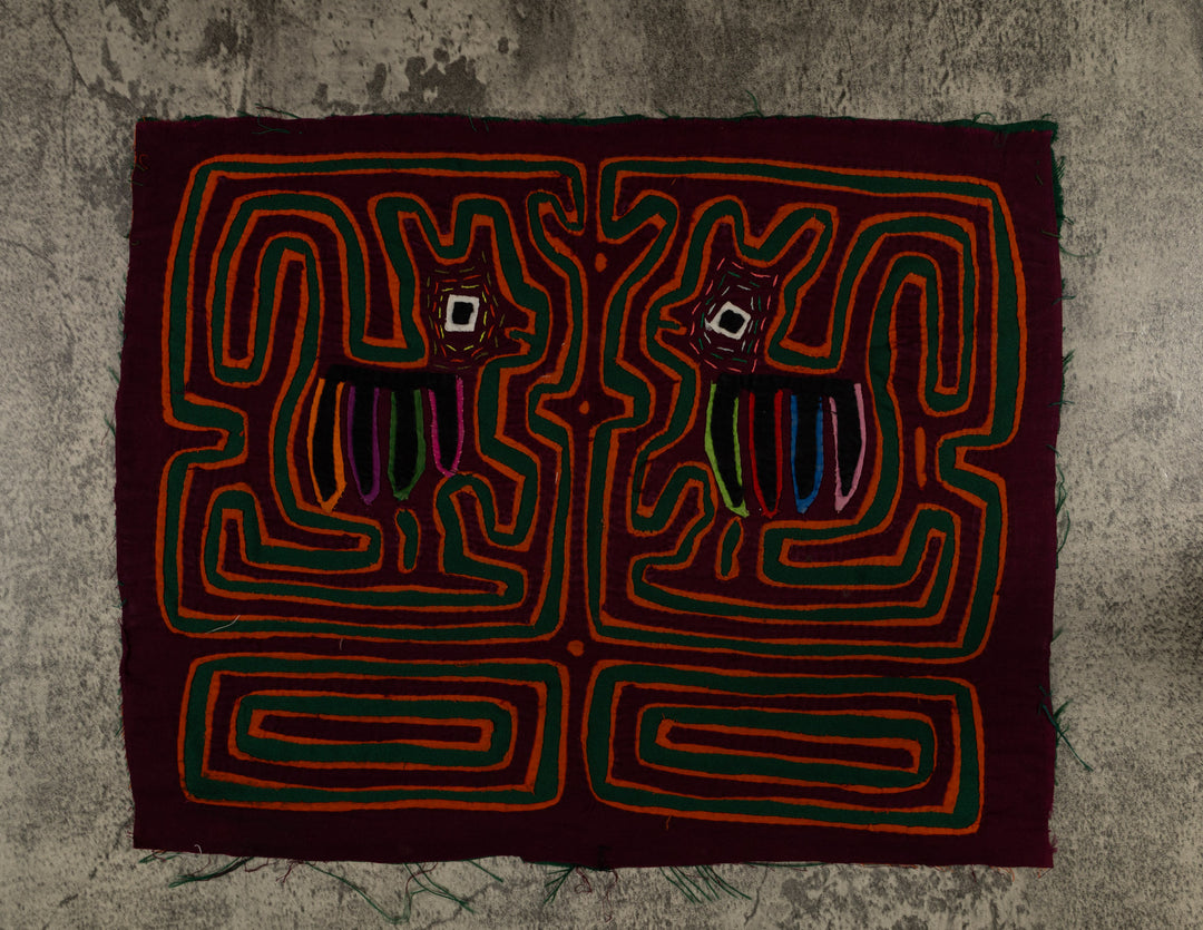 Traditional Maroon Orange And Green Puppy Dog Mola